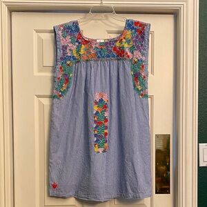 J. Marie Blue Striped Dress Multicolor Embroidery